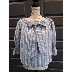 Crown & Ivy, Navy/White Tropicalia Blouse with Bow/NWT, Size Small